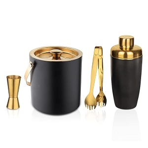stainless steel 4 piece bar set for drinkgift gold pvd coated double wall - ice bucket tong peg measure amp cocktail shaker