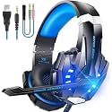 Stereo Gaming Headset Wired Noise Cancelling Over Ear Headphones with Mic, LED Light, Bass Surround, Soft Memory Earmuffs,Blue
