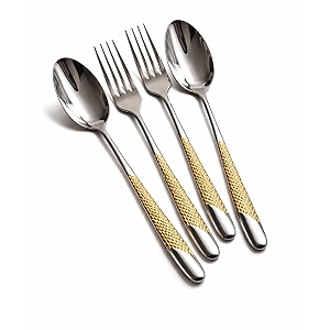 sterling silver with golden handle spoon amp fork set of 4 premium stainless steel cutlery with textured handle  elegant flatware for dining gifting amp special occasions  rust resistant