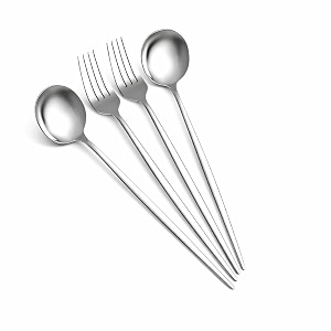 sterling silver spoon and fork set  4-piece stainless steel cutlery set with round head spoons  modern flatware for dining gifting amp table decor  dishwasher safe amp rust resistant
