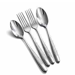 sterling silver spoon and fork set  4-piece premium stainless steel cutlery with textured handle  elegant flatware for dining gifting amp special occasions  rust resistant amp dishwasher safe
