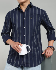 sti Men Striped Casual Dark Blue Shirt