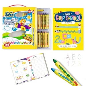 stic 25 retractable crayons pencil control colouring book toddler unbreakable washable erasable twistable non toxic edible finger grip block drawing toy baby safe kindergarten return gift kids 1 year
