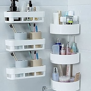 stiff pack of 6 wall shelves kitchen bathroom shelf self-adhesive sticker hooks bathroom storage corner triangle shelves3 bathroom shelves  3 corner stand white