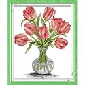 Stitchmelody 14CT Counted Cross Stitch Kits,DMC Unprinted Pattern Embroidery Set Needlework (14CT Counted/Unprinted kit,Tulip vase)