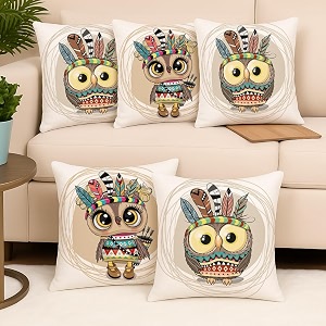 stitchnest 39ancient owl39 printed polycotton cushion cover decorative square throw pillow cases for sofa living room amp bedroom  set of 5 24 x 24 inches