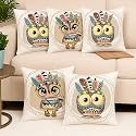 STITCHNEST 'Ancient Owl' Printed Polycotton Cushion Cover| Decorative Square Throw Pillow Cases for Sofa, Living Room &amp; Bedroom | Set of 5 (12 x 12 Inches)