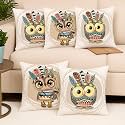 STITCHNEST 'Ancient Owl' Printed Polycotton Cushion Cover| Decorative Square Throw Pillow Cases for Sofa, Living Room &amp; Bedroom | Set of 5 (12 x 12 Inches)