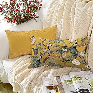 stitchnest 39mustard yellow peacock39 printed polycotton cushion covers  decorative rectangular throw pillow cases for sofa living room amp bedroom  set of 2 12 x 18 inches