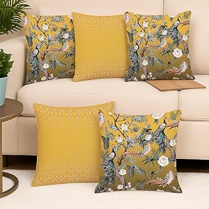 stitchnest 39mustard yellow peacock39 printed polycotton cushion covers  decorative square throw pillow cases for sofa living room amp bedroom  set of 5 12 x 12 inches