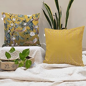 stitchnest 39mustard yellow peacock39 printed polycotton cushion covers  decorative square throw pillow cases for sofa living room amp bedroom  set of 2 24 x 24 inches