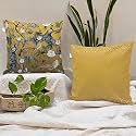 STITCHNEST 'Mustard Yellow Peacock' Printed Polycotton Cushion Covers | Decorative Square Throw Pillow Cases for Sofa, Living Room &amp; Bedroom | Set of 2 (24 x 24 Inches)