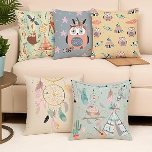 stitchnest 39owl theme39 printed polycotton cushion covers  decorative square throw pillow cases for sofa living room amp bedroom  set of 5 12 x 12 inches