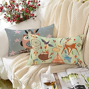 stitchnest 39owl theme39 printed polycotton cushion covers  decorative rectangular throw pillow cases for sofa living room amp bedroom  set of 2 12 x 18 inches