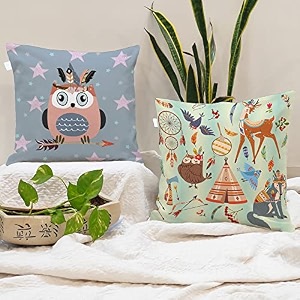 stitchnest 39owl theme39 printed polycotton cushion covers  decorative square throw pillow cases for sofa living room amp bedroom  set of 2 24 x 24 inches