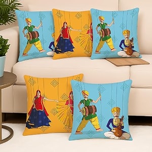 stitchnest 39rajasthani culture39 printed polycotton cushion covers  decorative square throw pillow cases for sofa living room amp bedroom  set of 5 12 x 12 inches