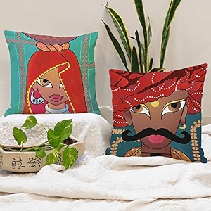 stitchnest 39rajasthani culture39 printed polycotton cushion covers  decorative square throw pillow cases for sofa living room amp bedroom  set of 5 12 x 12 inches
