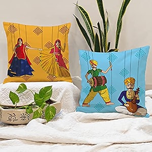 stitchnest 39rajasthani culture39 printed polycotton cushion covers  decorative square throw pillow cases for sofa living room amp bedroom  set of 5 12 x 12 inches