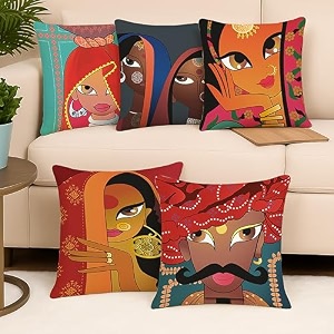 stitchnest 39rajasthani culture39 printed polycotton cushion covers  decorative square throw pillow cases for sofa living room amp bedroom  set of 5 12 x 12 inches