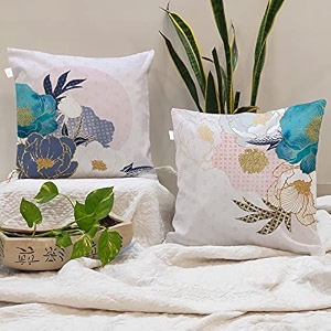 stitchnest 39sapphire bloom39 printed polycotton cushion cover  decorative square throw pillow cases for sofa living room amp bedroom  set of 2 24 x 24 inches