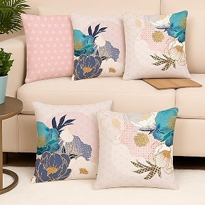 stitchnest 39sapphire bloom39 printed polycotton cushion cover  decorative square throw pillow cases for sofa living room amp bedroom  set of 5 16 x 16 inches