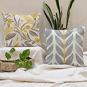 stitchnest set of 2 polycotton cushion covers  yellow amp grey botanical and geometric mix  24x24 inches  modern cushion covers for sofa amp living room decor