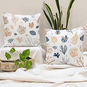 stitchnest coral design printed polycotton cushion covers  decorative square throw pillow cases for sofa living room amp bedroom  set of 2 24 x 24 inches