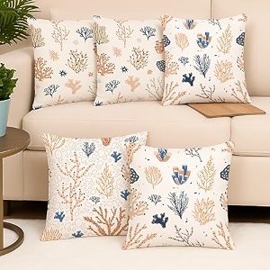 stitchnest coral design printed polycotton cushion covers  decorative square throw pillow cases for sofa living room amp bedroom  set of 5 12 x 12 inches