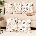 STITCHNEST Coral Design Printed Polycotton Cushion Covers | Decorative Square Throw Pillow Cases for Sofa, Living Room &amp; Bedroom | Set of 5 (24 x 24 Inches)