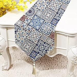 stitchnest ethnic box printed poly cotton table runner and bed runner 13 x 72 inches with tassel
