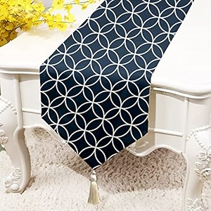 stitchnest interlocked circles printed poly cotton table runner and bed runner  13 x 60 inches with tassel 