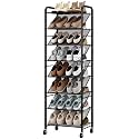 STO STO 8-Tier Narrow Shoe Rack with Lockable Wheels, Double-Sided Vinyl Mesh Shelf Shoe Organizer for Up to 30 Pairs, Slim Space Saving Metal Rolling Shoe Storage for Entryway, Closet, Hallway