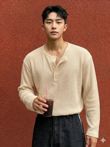 Stockton Self Design Men Henley Neck Beige