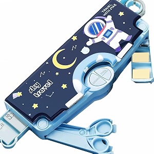 kawaii cute cartoon astronaut theme multifunction pencil case with scissors ruler pencil eraser and sharpener stationery bag for boys and girls multicolor