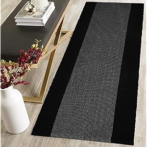 cotton carpet runner 22x60 inch for living room bedroom kids room kitchen bedside runner - black - border 2x5 feet