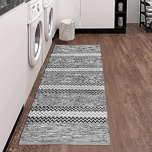 cotton carpet runner 22x60 inch for living room bedroom kids room kitchen bedside runner - black - zig-zag 2x5 feet
