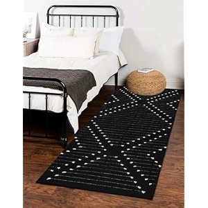 cotton carpet runner 22x60 inch for living room bedroom kids room kitchen bedside runner - fringe cut - black 2x5 feet