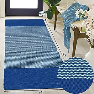cotton carpet runner 22x60 inch for living room bedroom kids room kitchen bedside runner - blue - s 2x5 feet