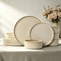 Stoneware Dinnerware Sets for 4, 12Pcs Ribbed Plates and Bowls Set, Beige
