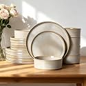 Stoneware Dinnerware Sets for 6, 18Pcs Ribbed Plates and Bowls Set, Beige