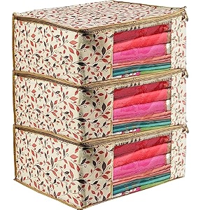 storage bag set of 3 foldable saree covers with transparent window and zipper - wardrobe organizer for lehengas suits dresses amp clothes storage bag with dust protection pack of 3