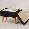 Storage Ottoman, Small Foot Stool Ottoman with Storage, Teddy Velvet Foot Rest with Wood Legs, Footstool for Living Room, Bedroom, Entryway, Black