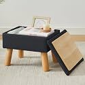 Storage Ottoman, Small Foot Stool Ottoman with Storage, Linen Foot Rest with Wood Legs, Footstool for Living Room, Bedroom, Entryway, Black