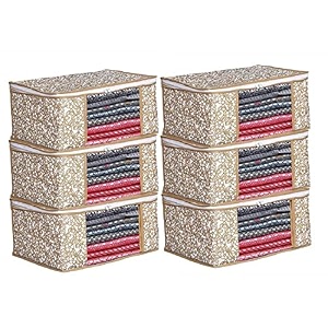 printed pack of 6 non woven fabric saree coverclothes organiser for wardrobe set with transparent window and zip for lehenga