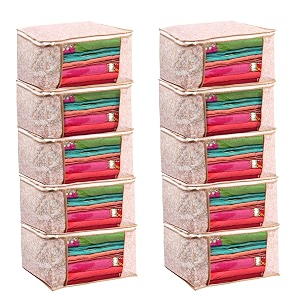 saree cover set of 10 non woven fabric clothes organiser for wardrobe with transparent window amp zip clothes storage bag for lehenga suit dress saree packing cover beige