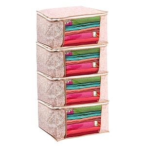 saree cover set of 4 non woven fabric clothes organiser for wardrobe with transparent window amp zip clothes storage bag for lehenga suit dress saree packing cover beige