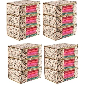 storage bag set of 12 foldable saree covers with transparent window and zipper - wardrobe organizer for lehengas suits dresses amp clothes storage bag with dust protection pack of 12