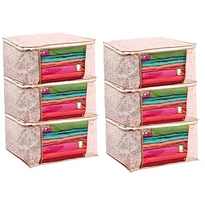 saree cover set of 6 non woven fabric clothes organiser for wardrobe with transparent window amp zip clothes storage bag for lehenga suit dress saree packing cover beige