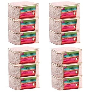 saree cover set of 12 non woven fabric clothes organiser for wardrobe with transparent window amp zip clothes storage bag for lehenga suit dress saree packing cover beige