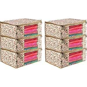 storage bag set of 6 foldable saree covers with transparent window and zipper - wardrobe organizer for lehengas suits dresses amp clothes storage bag with dust protection pack of 6